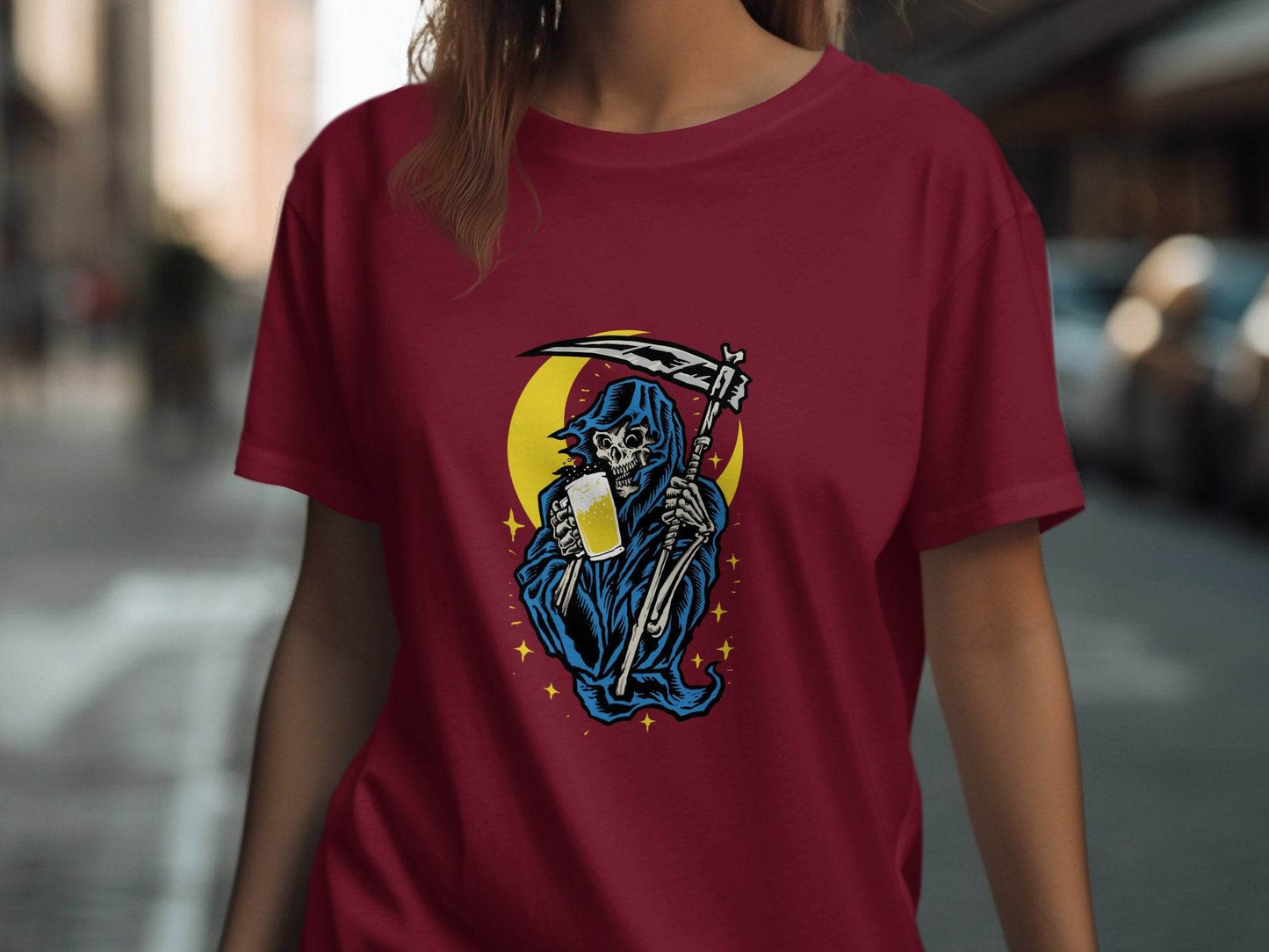 Grim Reaper Holding Beer Glass With Crescent Moon T-Shirt - Design & Vybe