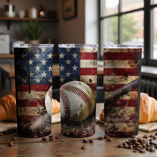 Baseball Fan Lover with American Flag Distressed Art Style Tumbler - Design & Vybe