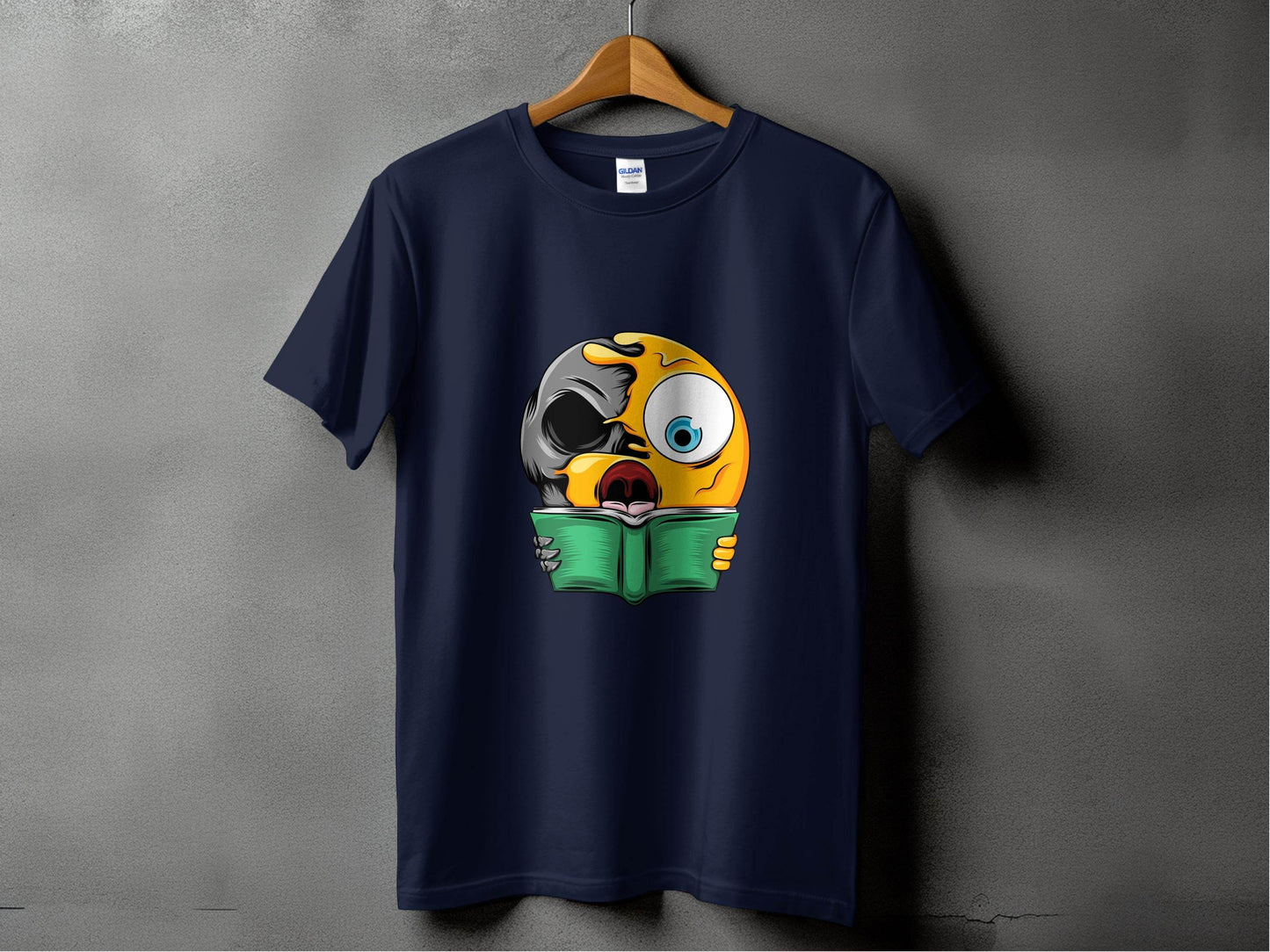 Half Emoji Half Skull Reading Book Funny Design T-Shirt - Design & Vybe