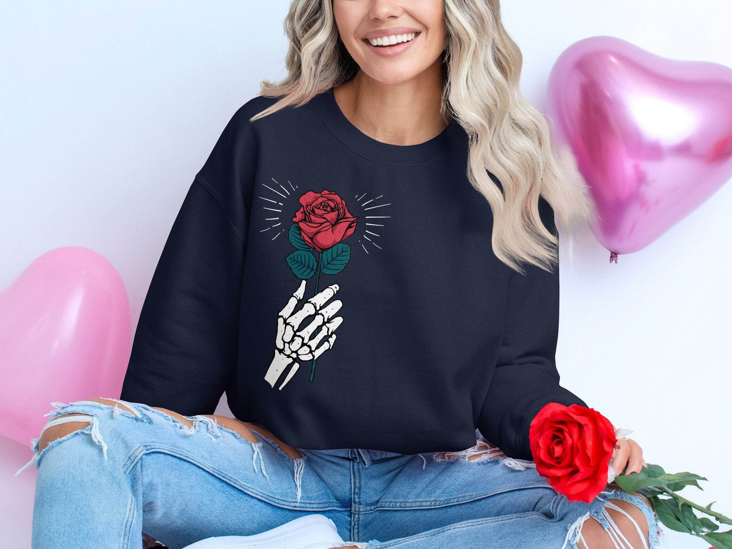 Skeletal Hand Holding Red Rose Floral Design Sweater - Design & Vybe