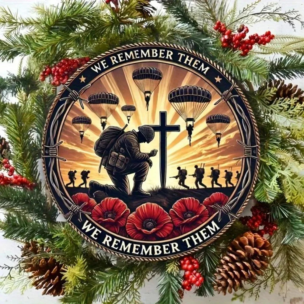 We Remember Them Metal Wall Wreath Vintage Soldier & Poppy