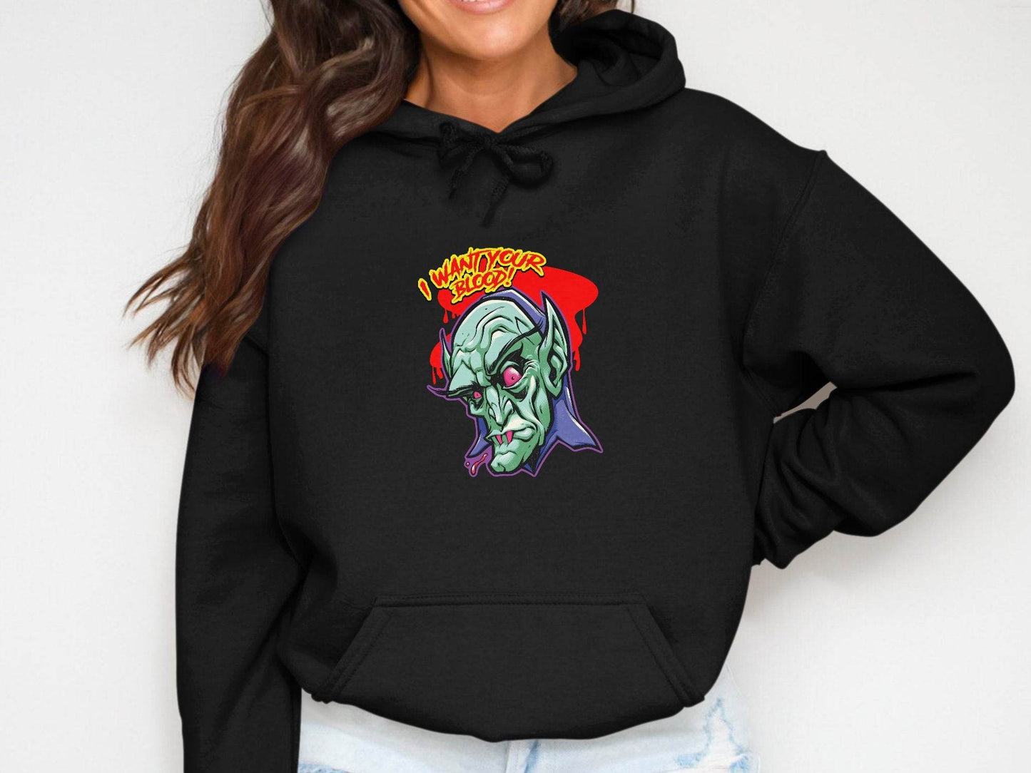 I Want Your Blood Vampire Head Horror Graphic Hoodie - Design & Vybe