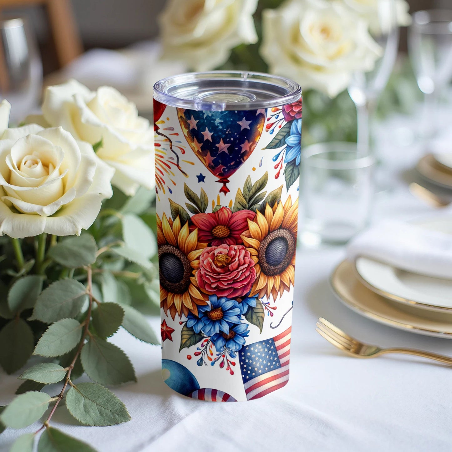 Floral American Flag Tumbler Vibrant Design product type
