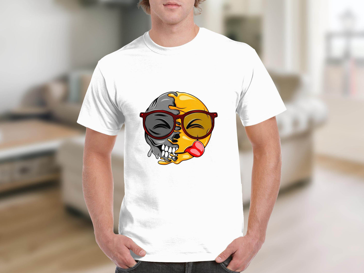 Creative Split Face Design with Bold Red Sunglasses Smiley T-Shirt - Design & Vybe