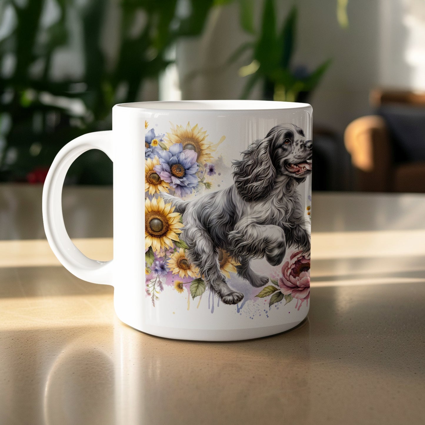 Cheerful Dog with Colorful Flowers on Mug product