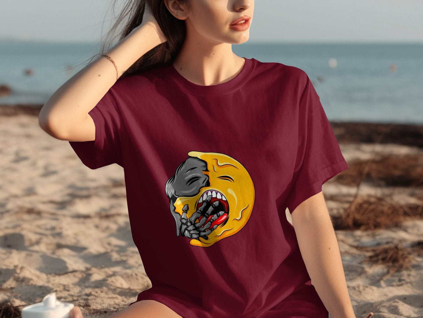 Zombie Emoji Biting Skeleton Hand Illustration T-Shirt - Design & Vybe