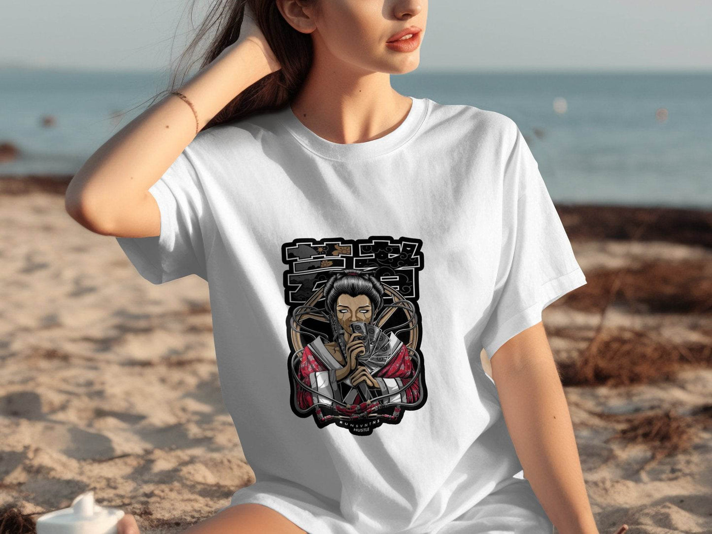 Japanese Geisha with Money Runs Vntns Hustle Print T-Shirt - Design & Vybe