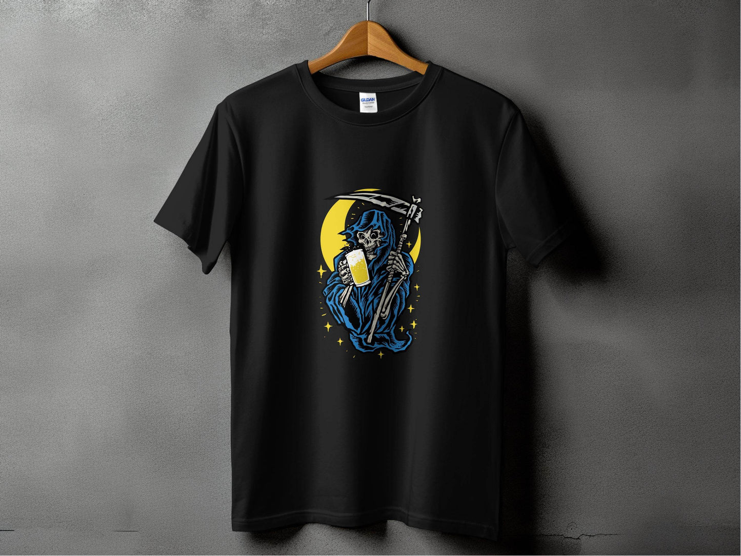 Grim Reaper Holding Beer Glass With Crescent Moon T-Shirt - Design & Vybe