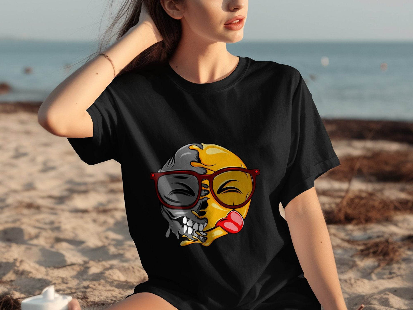 Creative Split Face Design with Bold Red Sunglasses Smiley T-Shirt - Design & Vybe