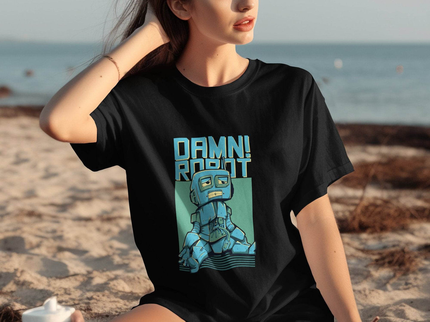DAMN! Sad Robot Art With Greenish Backdrop Design T-Shirt - Design & Vybe