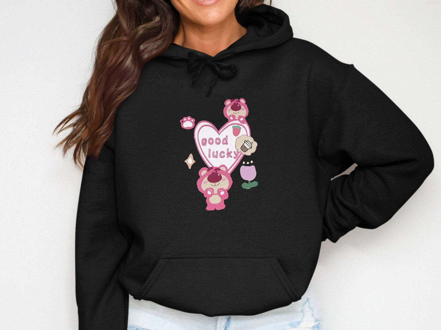 Cute Pink Bear With Good Lucky Heart Design Hoodie - Design & Vybe