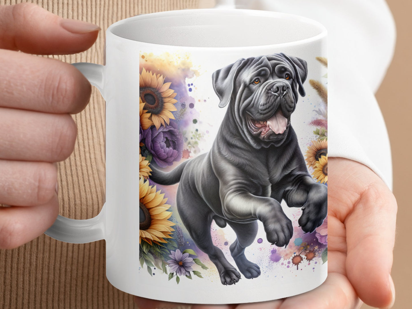 Playful Black Dog with Sunflowers Design Mug product