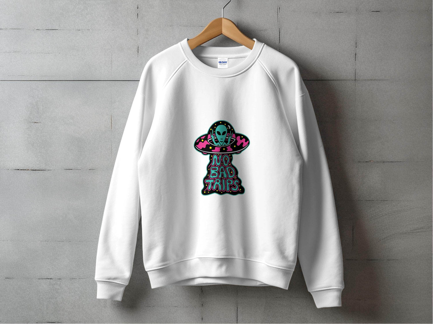 No Bad Trips Graphic Alien UFO Graphic Novelty Sweater - Design & Vybe