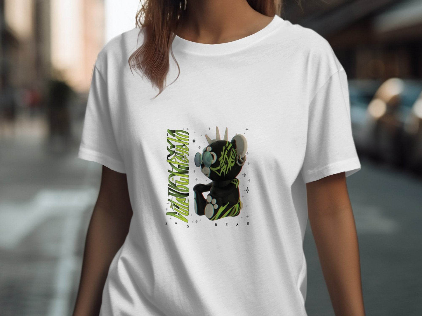 Sad Bear Black With Neon Green Graphics Design T-Shirt - Design & Vybe