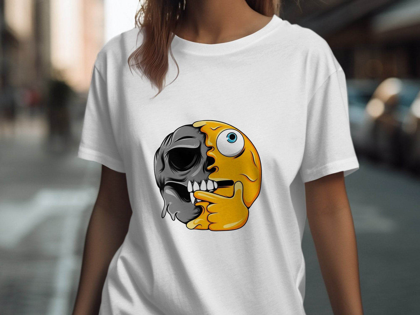 Emoji Skull Half and Half Funny Face Art T-Shirt - Design & Vybe