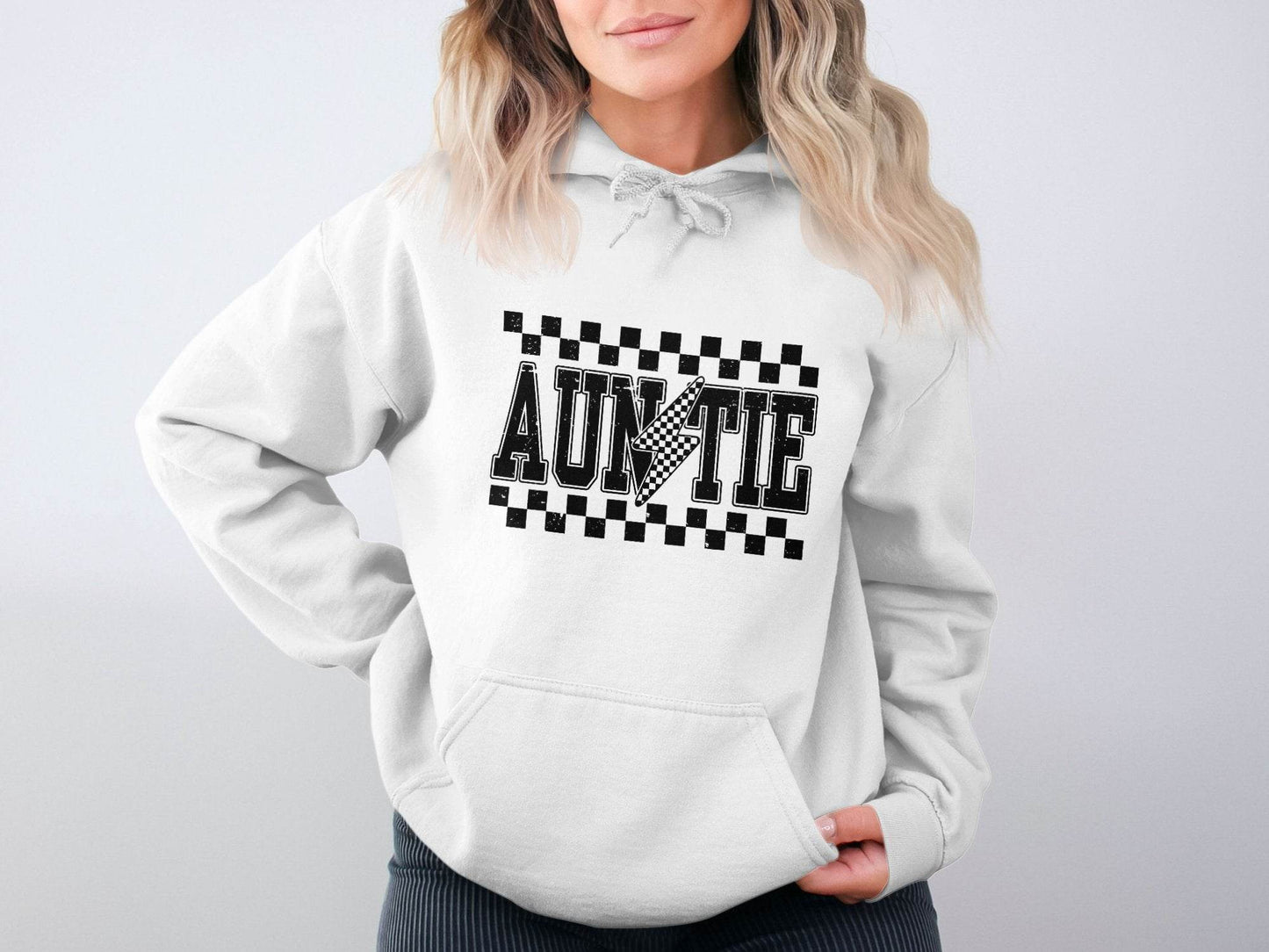 Auntie with Checkered Lightning Bolt Graphic Hoodie - Design & Vybe
