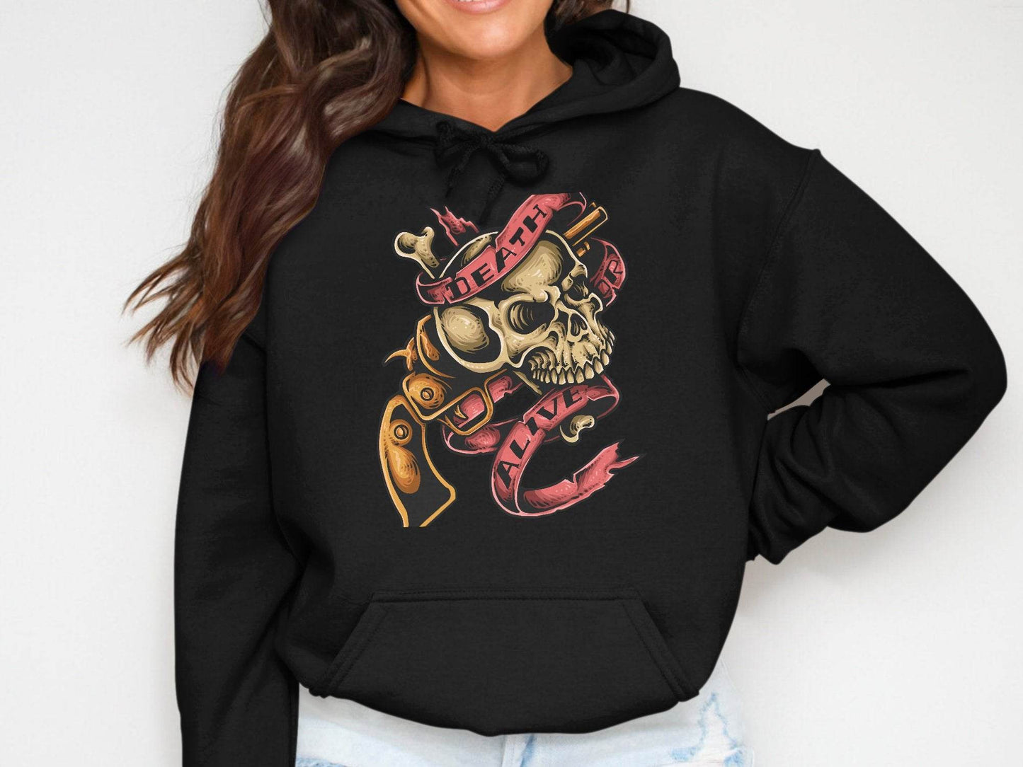 Vintage Death or Alive Skull and Gun Graphic Hoodie - Design & Vybe
