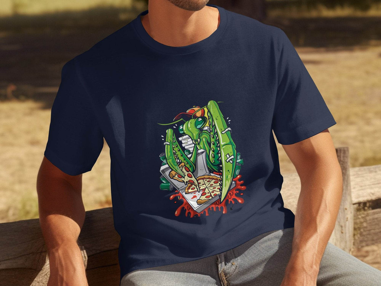 Praying Mantis Enjoying Pizza With Some Drinks T-Shirt - Design & Vybe