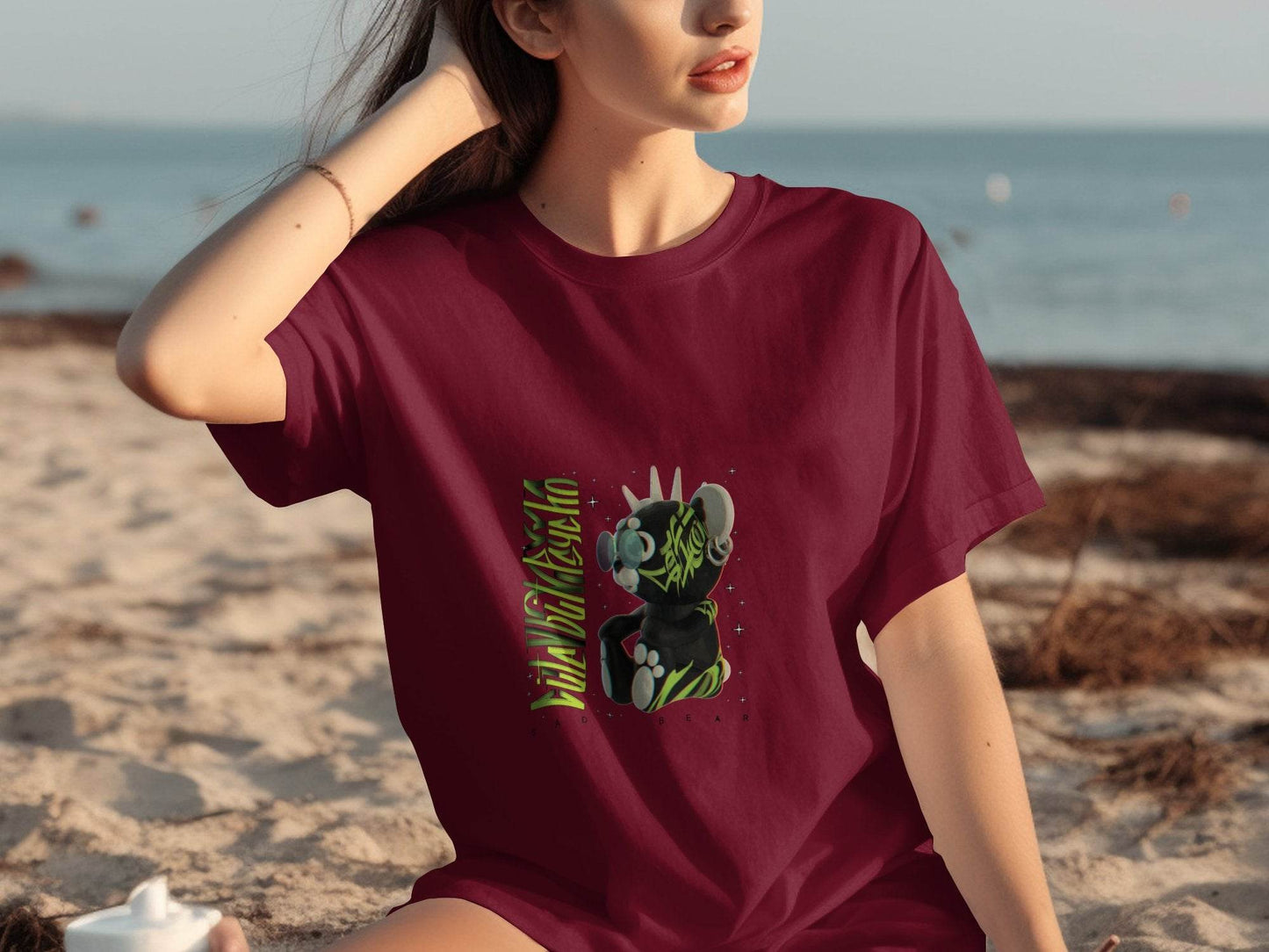 Sad Bear Black With Neon Green Graphics Design T-Shirt - Design & Vybe
