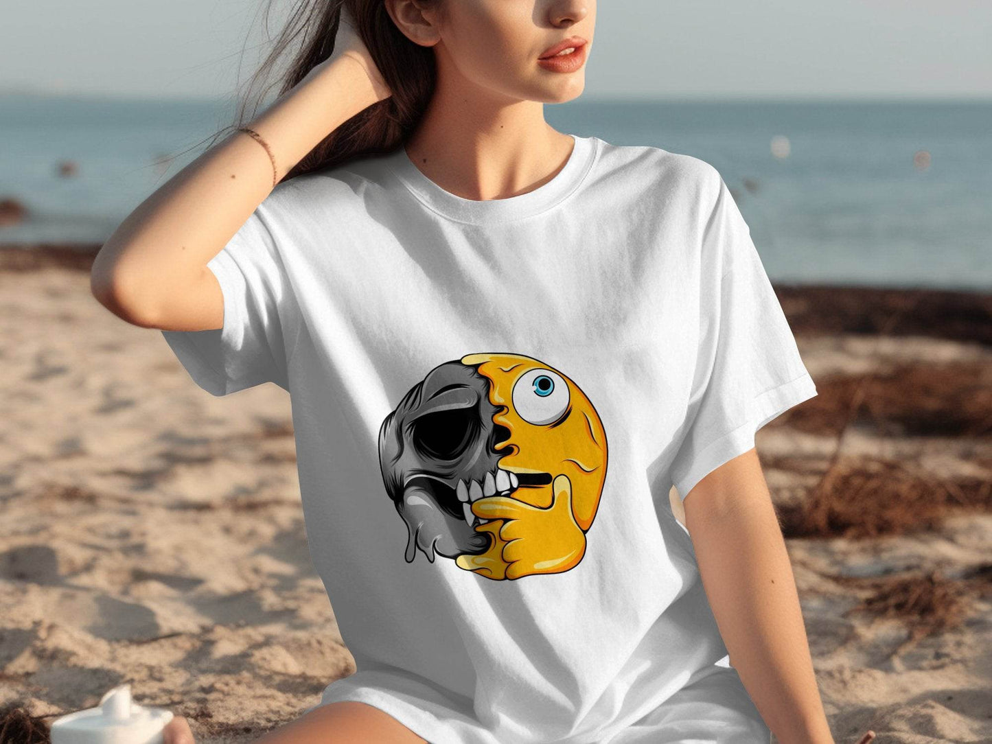 Emoji Skull Half and Half Funny Face Art T-Shirt - Design & Vybe