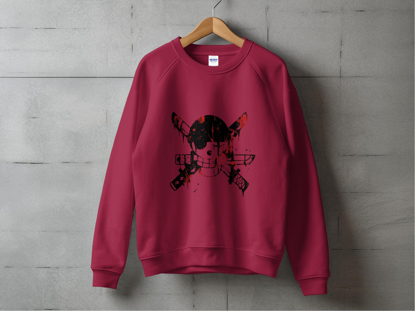 Stylish red crewneck sweatshirt anime pirate print product