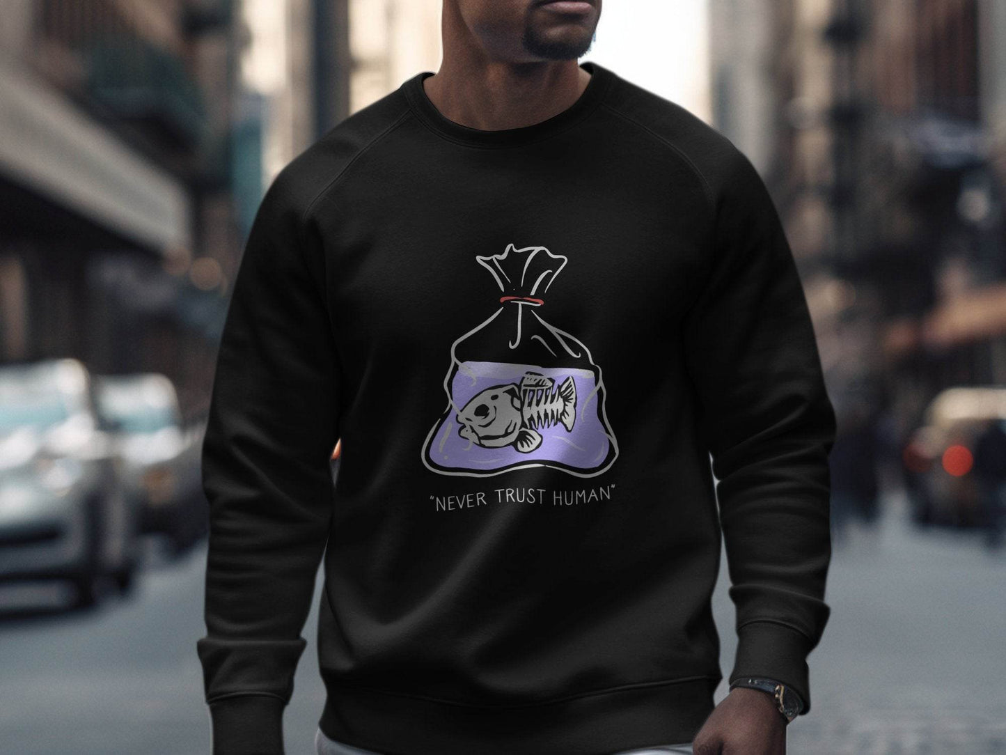 Never Trust Human Fish Skeleton Plastic Bag Design Sweater - Design & Vybe