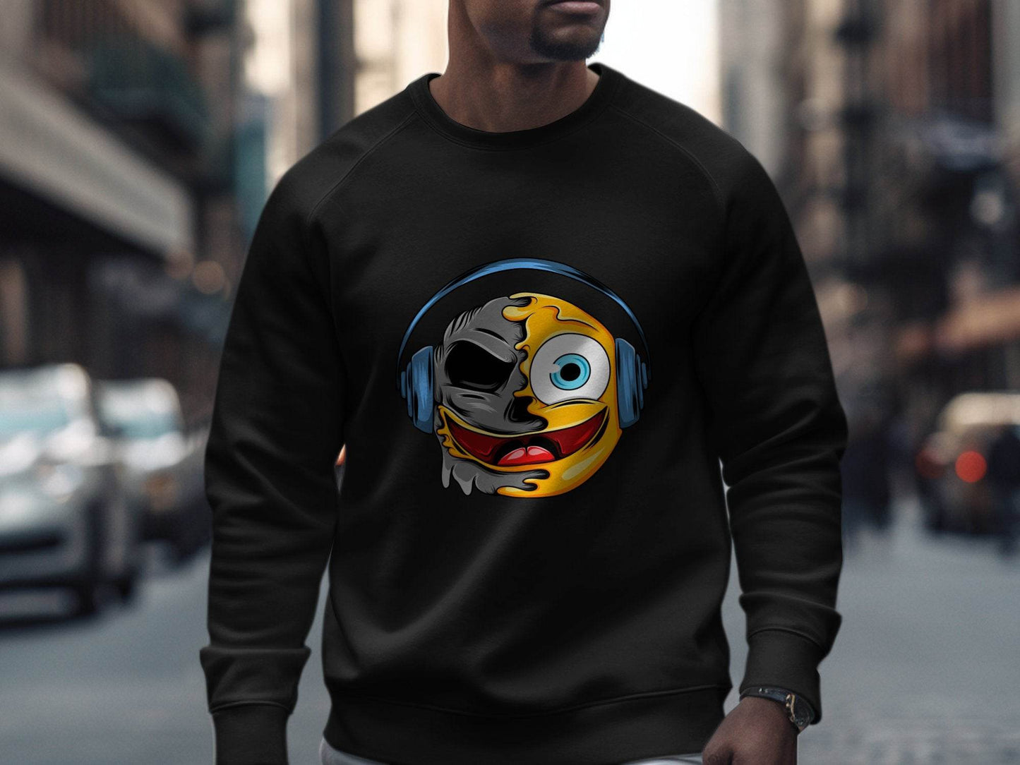 Bold Expression Headphones Smiley Graphic Sweater - Design & Vybe