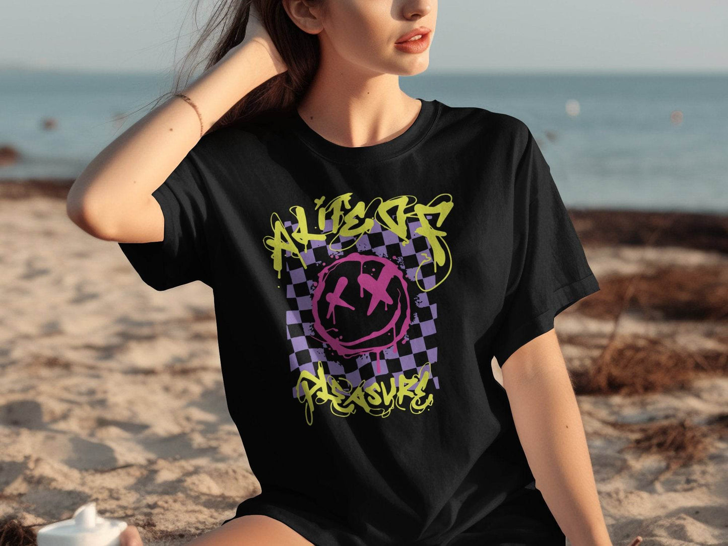 Grunge Smiley Checkered Dead Smile Graphic with Graffiti T-shirt - Design & Vybe