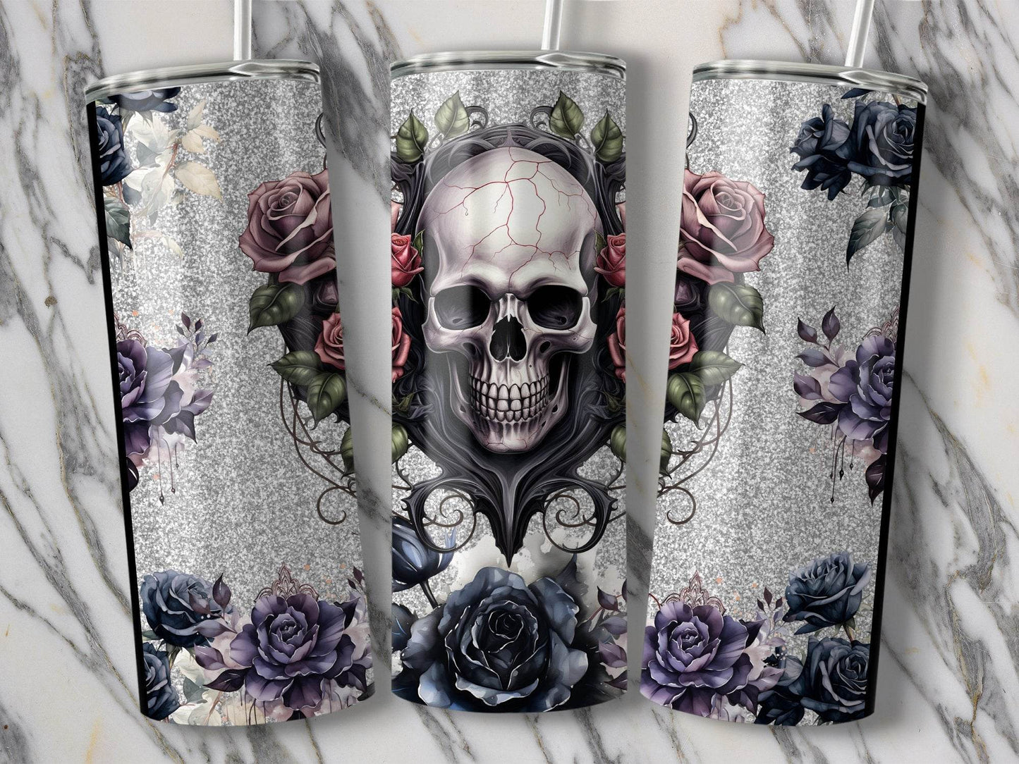 Skull Roses Floral Design on Silver Background Tumbler - Design & Vybe