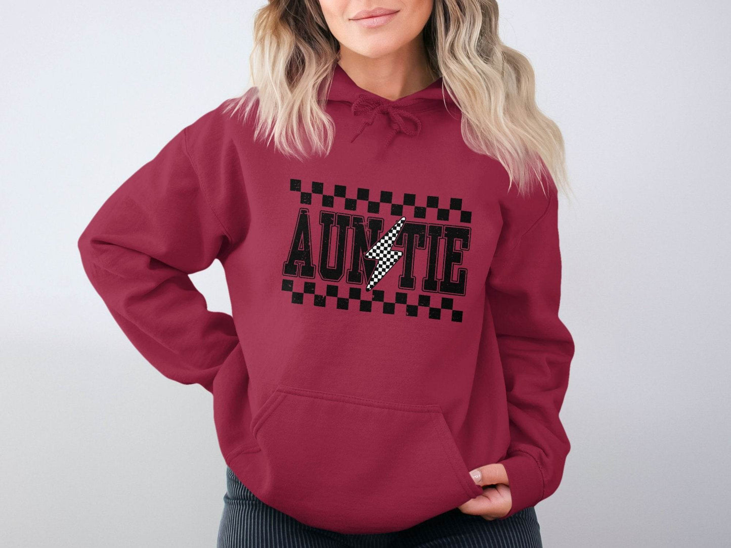 Auntie with Checkered Lightning Bolt Graphic Hoodie - Design & Vybe