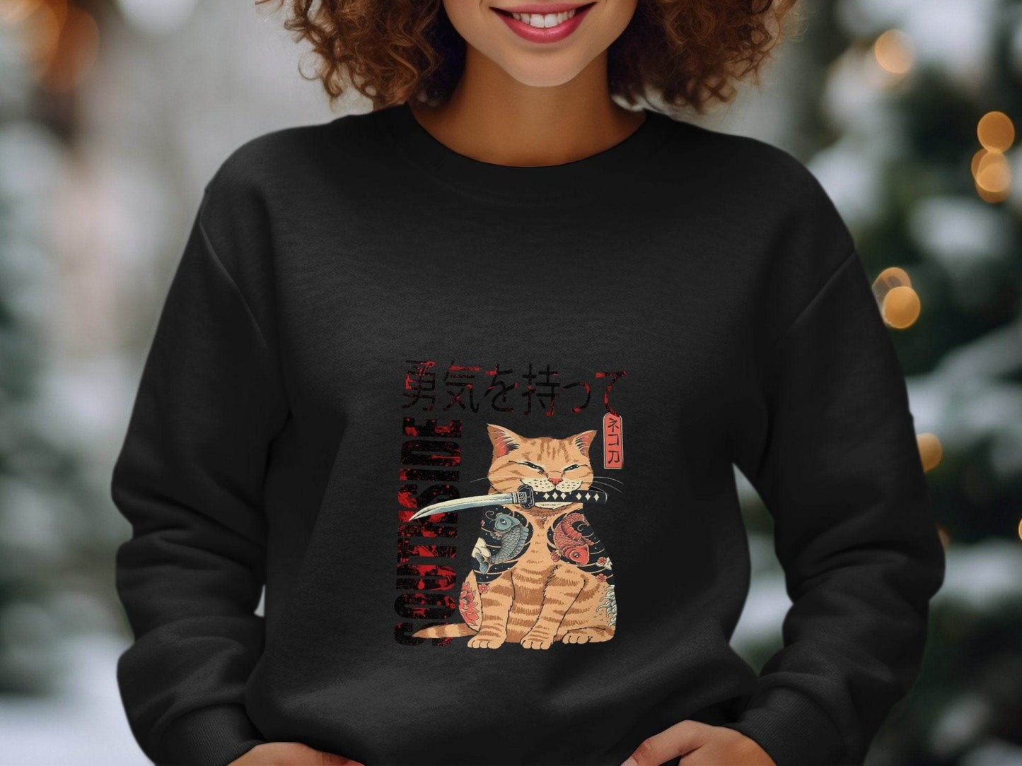 Tattooed Cat with Sword and Japanese Southside Text Design Sweater - Design & Vybe
