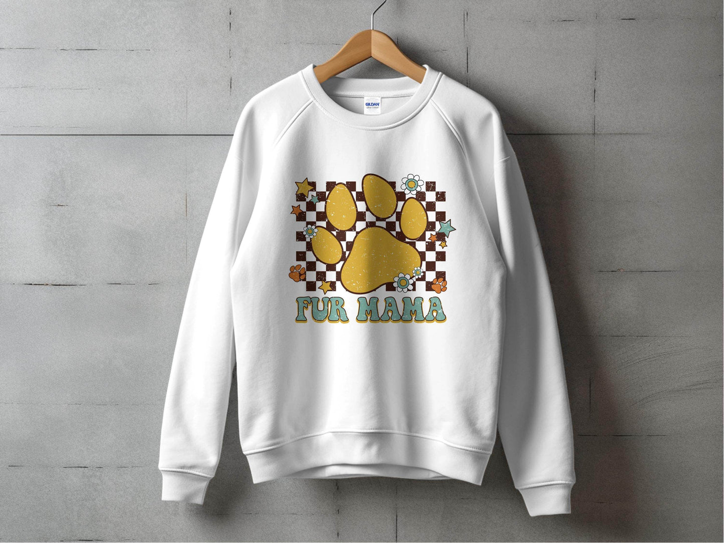 Fur Mama Paw Print Stars Flowers Checkered Pattern Sweater - Design & Vybe