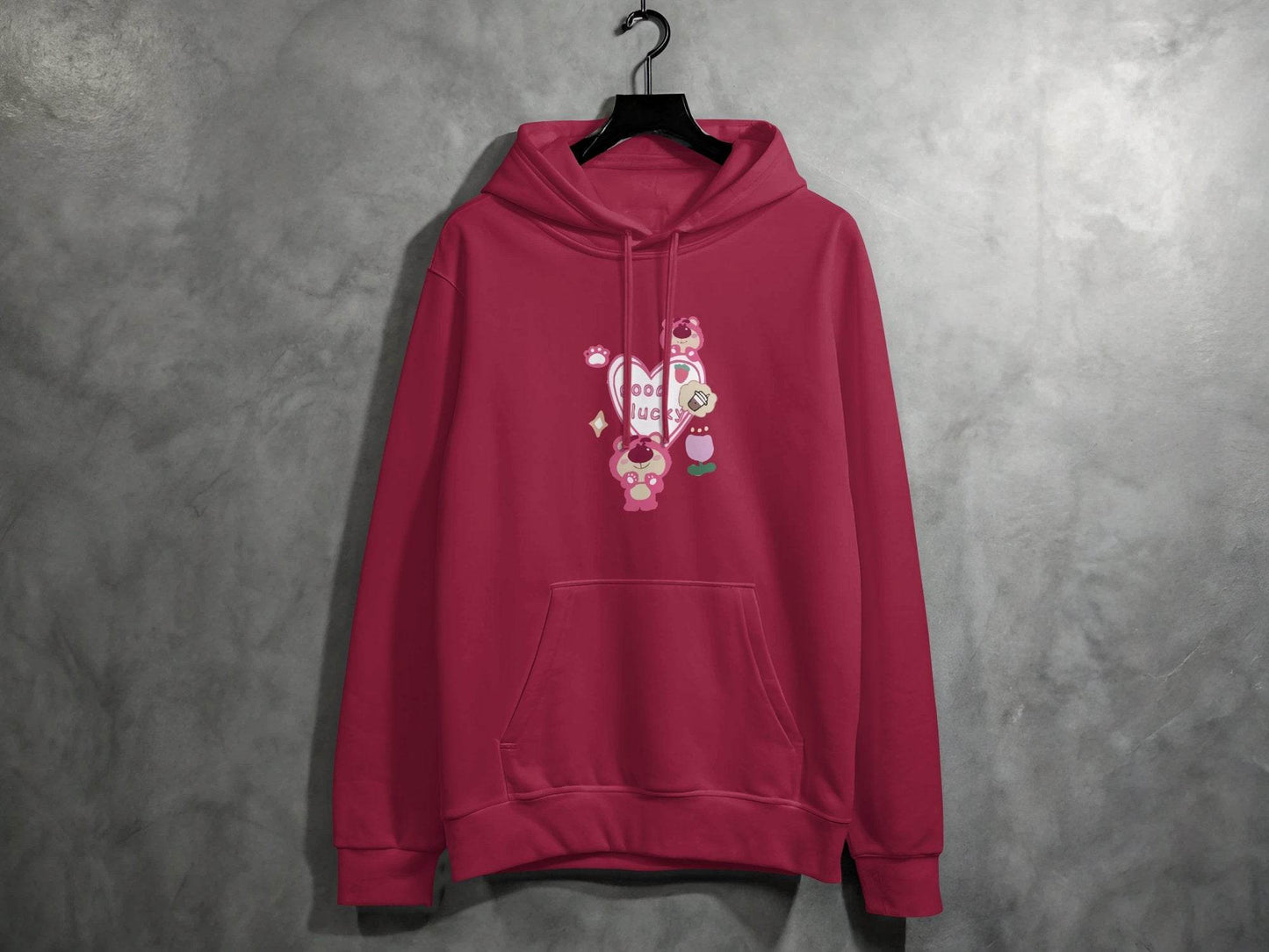 Cute Pink Bear With Good Lucky Heart Design Hoodie - Design & Vybe
