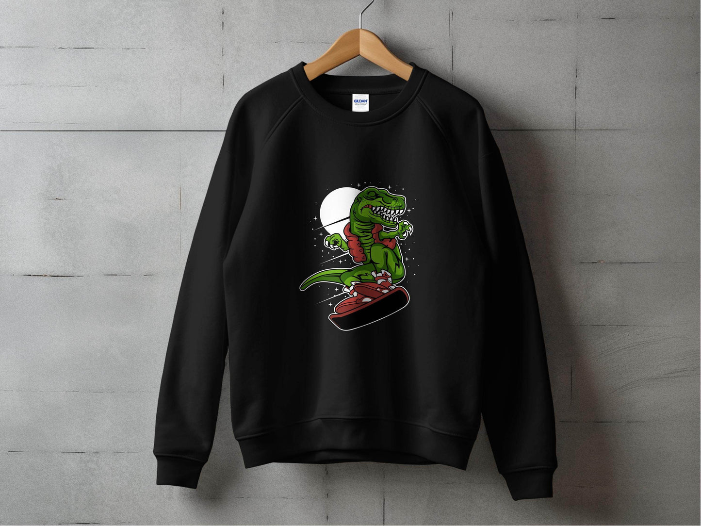 Dinosaur On a Snowboard Cartoon Graphic Style Sweater - Design & Vybe