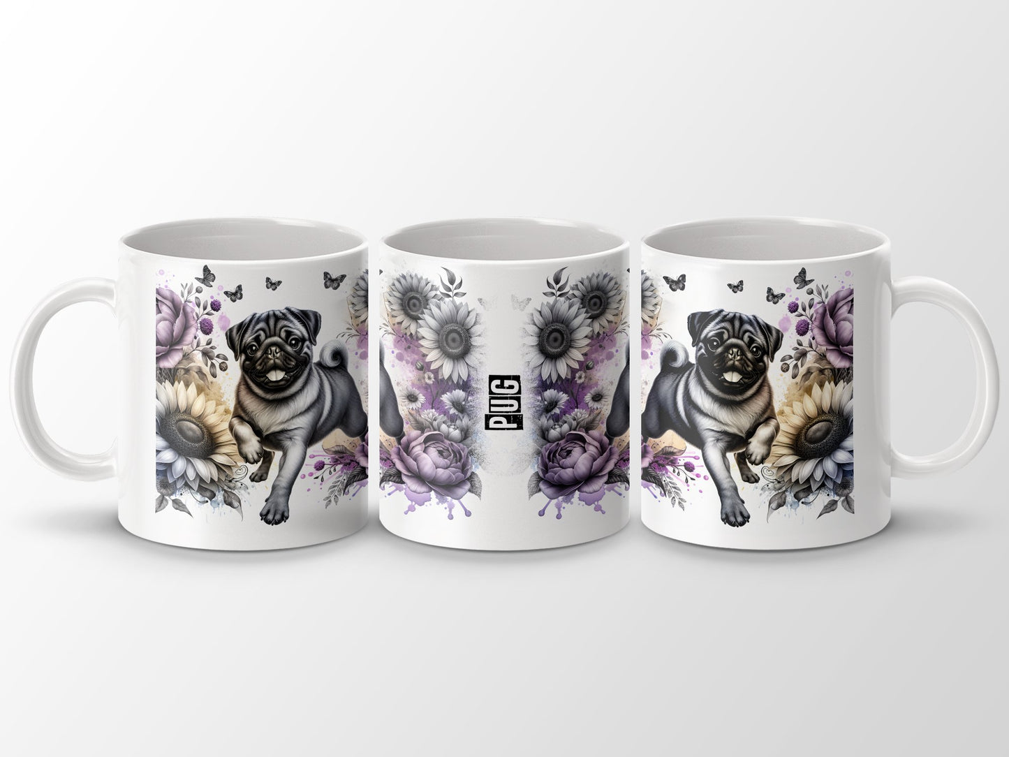 Adorable Pug with Flowers and Butterflies Mug product