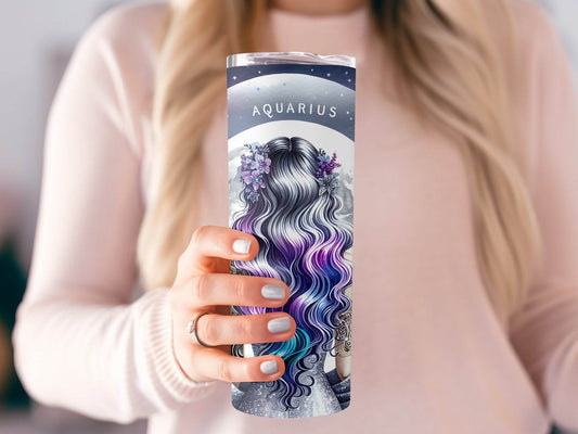 Aquarius Zodiac Sign Woman Full Moon Floral Tattoo Design Tumbler - Design & Vybe