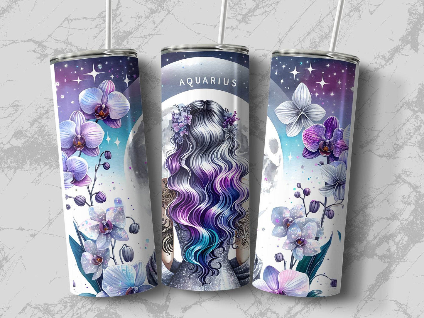 Aquarius Zodiac Sign Woman Full Moon Floral Tattoo Design Tumbler - Design & Vybe