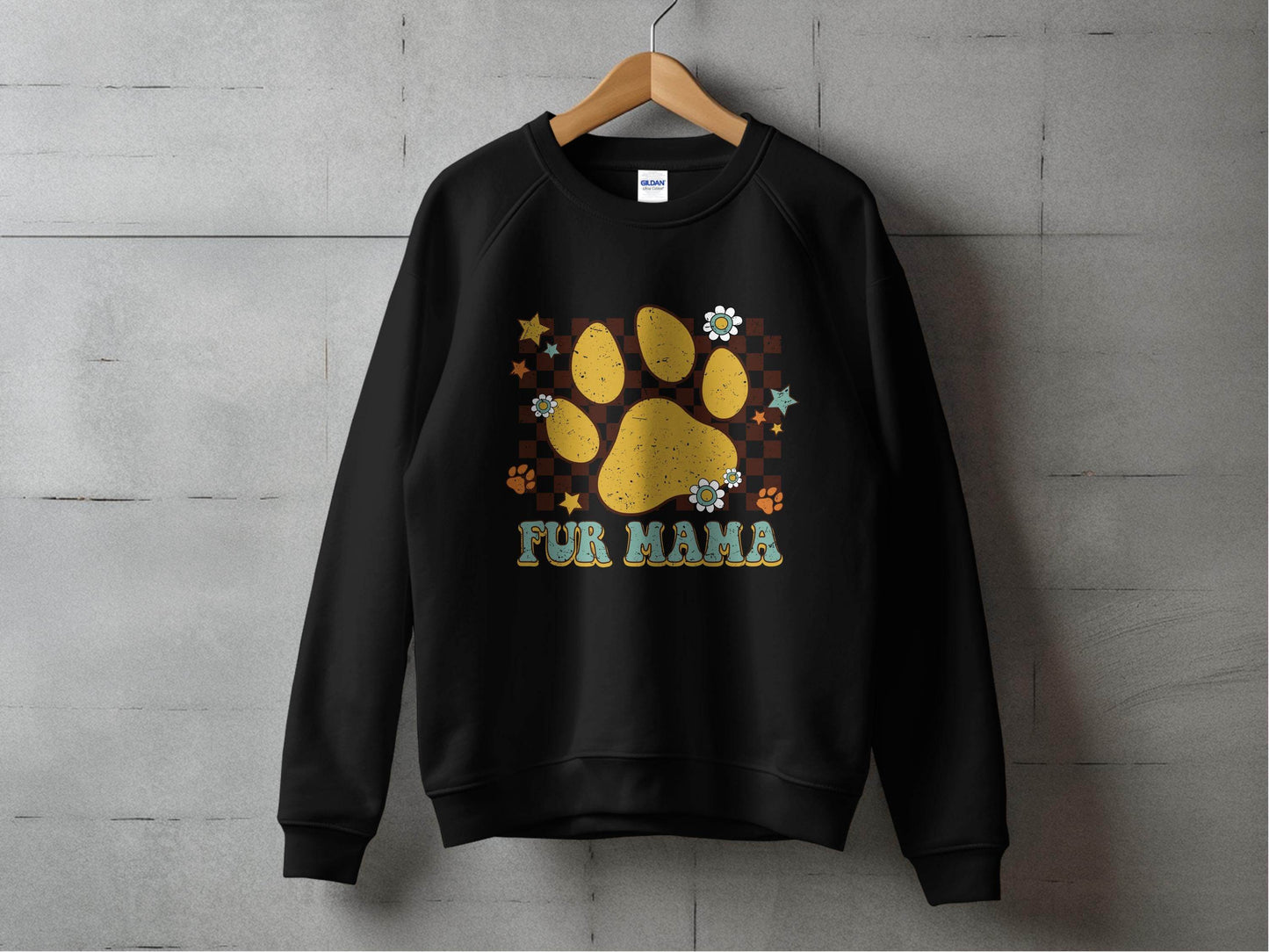 Fur Mama Paw Print Stars Flowers Checkered Pattern Sweater - Design & Vybe