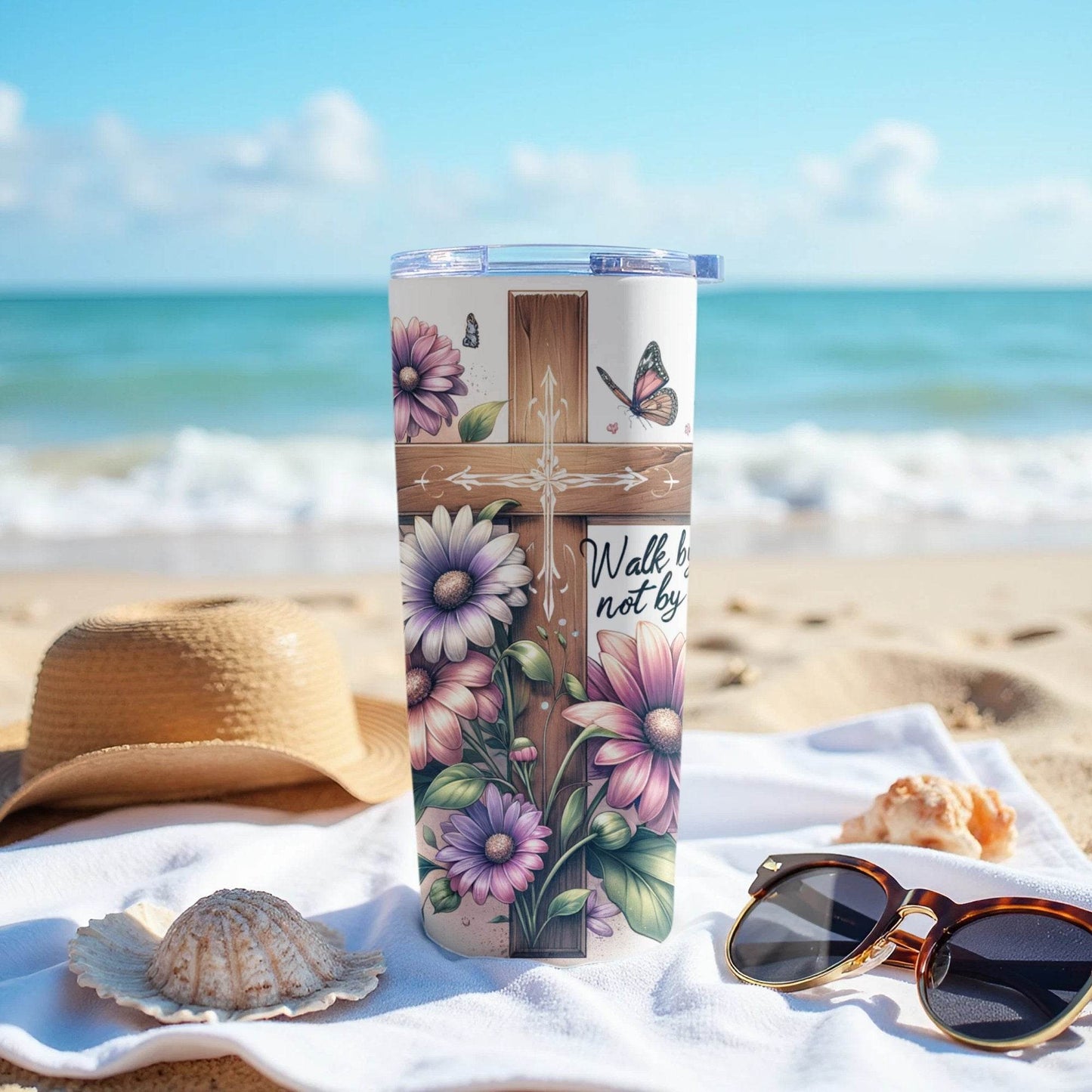 Walk By Faith Cross With Flowers And Butterflies Tumbler - Design & Vybe