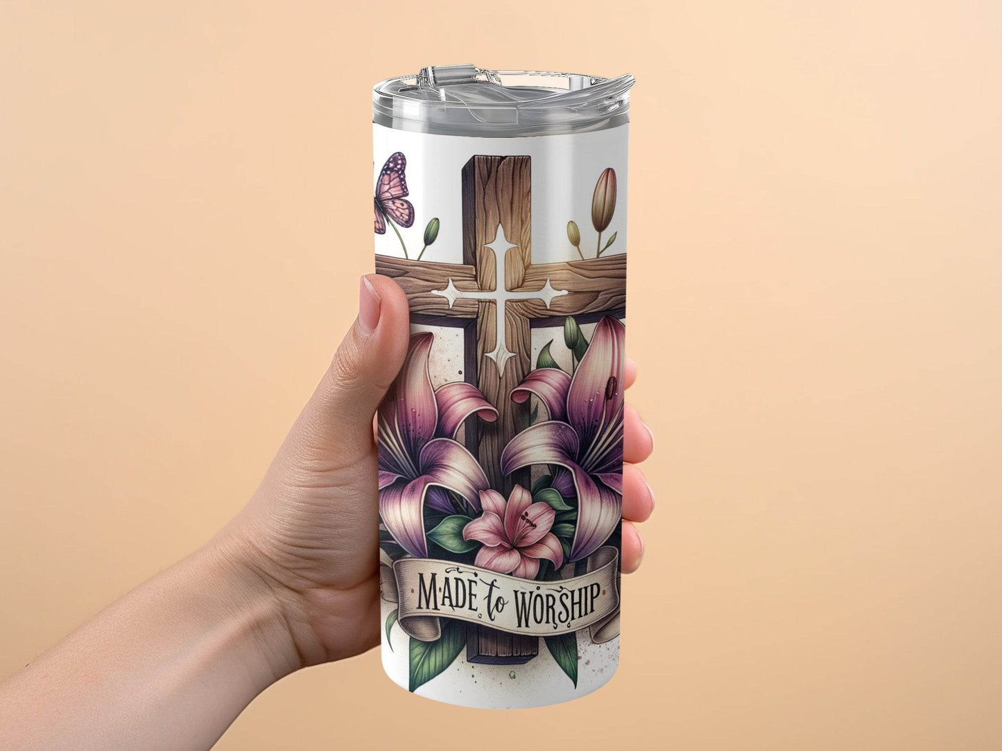 Made to Worship Cross Lilies Butterflies Great Design Tumbler - Design & Vybe