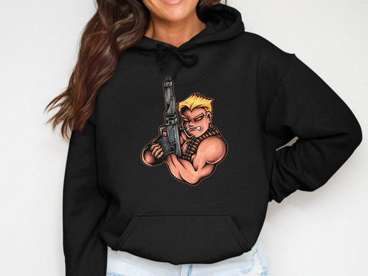 Fierce Cartoon Character with Gun Design Hoodie - Design & Vybe