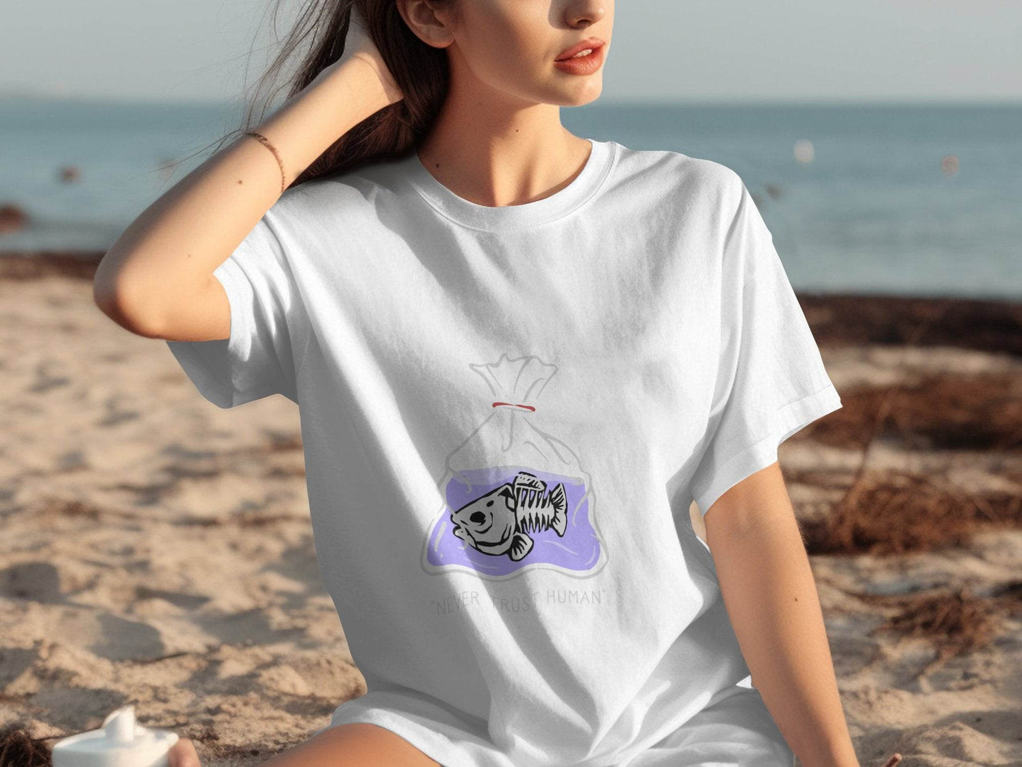 Never Trust Human Fish Skeleton Plastic Bag Design T-Shirt - Design & Vybe