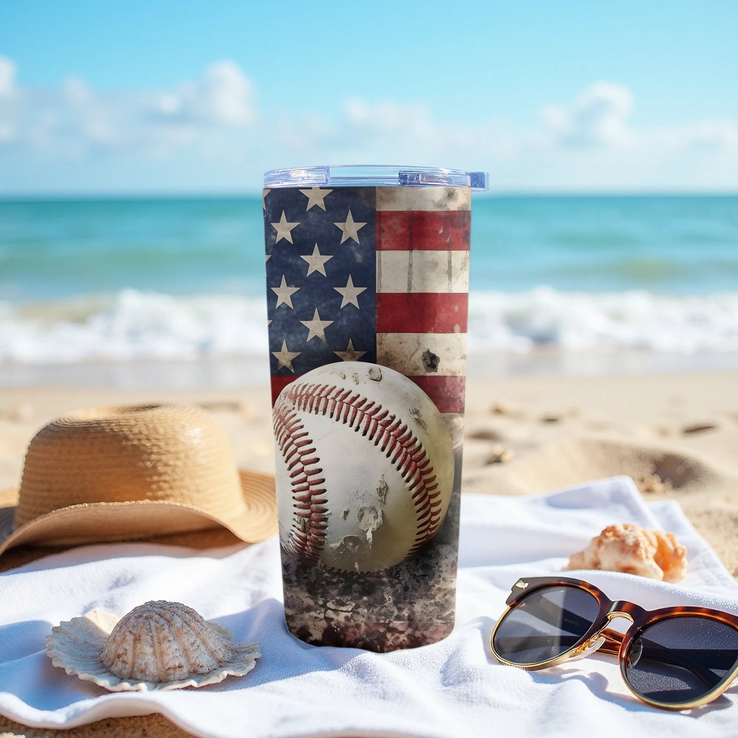 Patriotic Baseball Themed Travel Tumbler Beach product