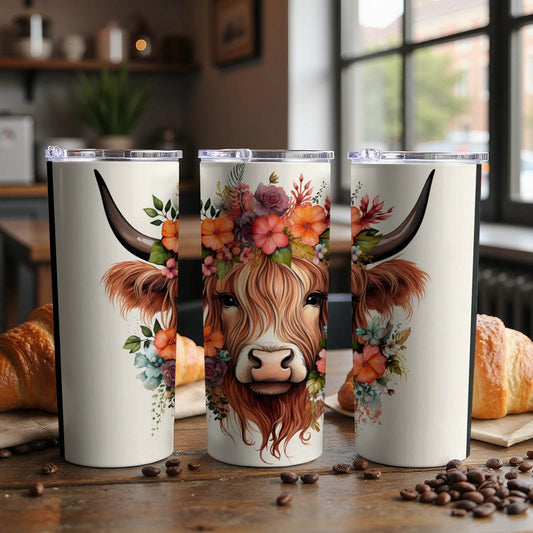 Floral Crown Highland Cow Watercolor Art Design Tumbler - Design & Vybe