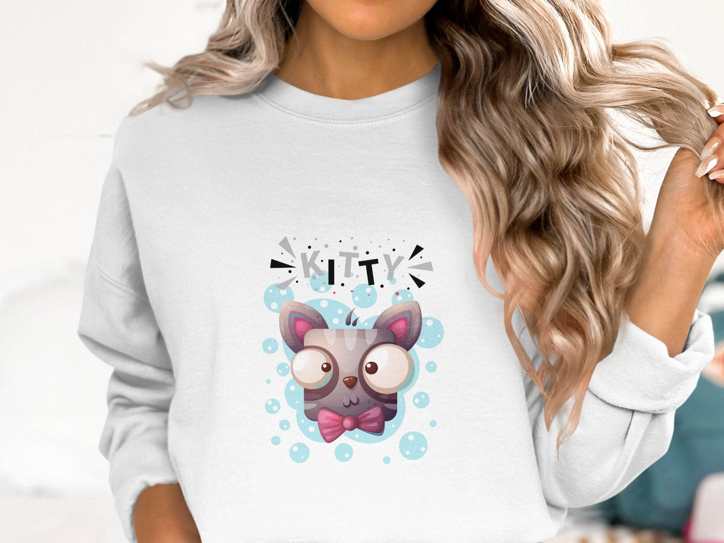Cute Crazy Kitty Design with Large Eyes and Bow Tie Sweater - Design & Vybe