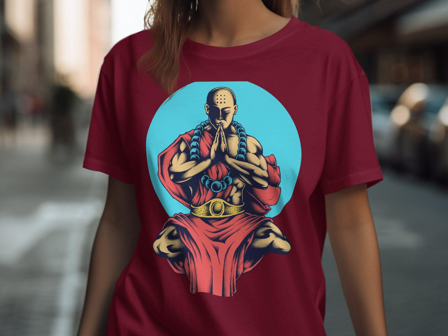 Monk in Meditation Graphic on Red T-shirt product type