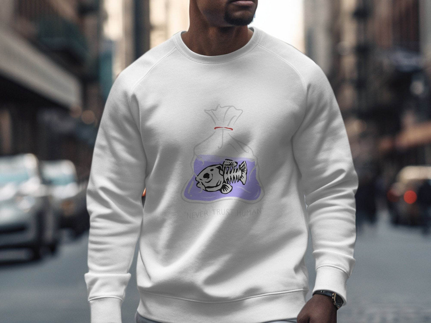 Never Trust Human Fish Skeleton Plastic Bag Design Sweater - Design & Vybe