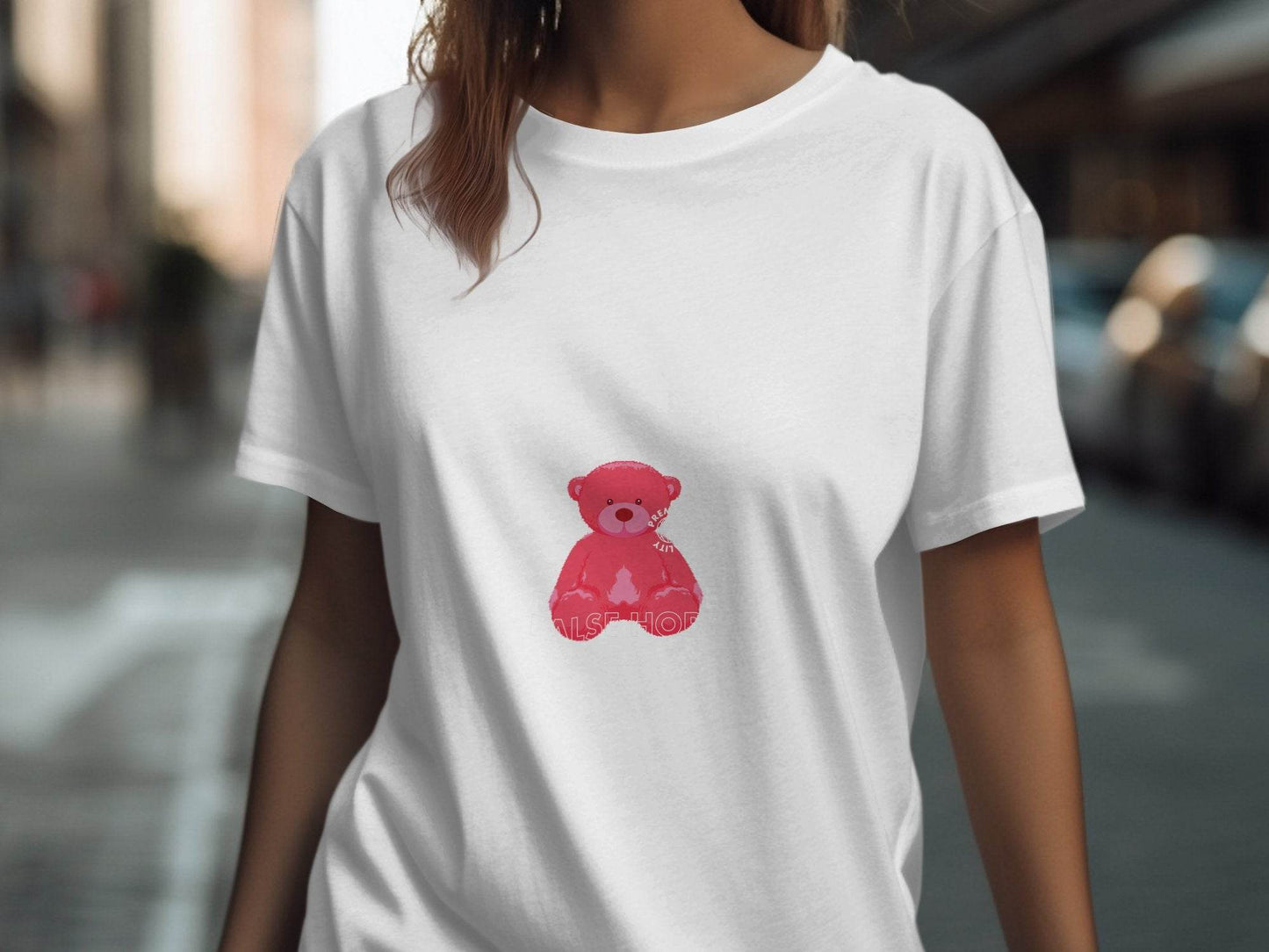 False Hope with Pink Bear Print Graphic T-Shirt - Design & Vybe