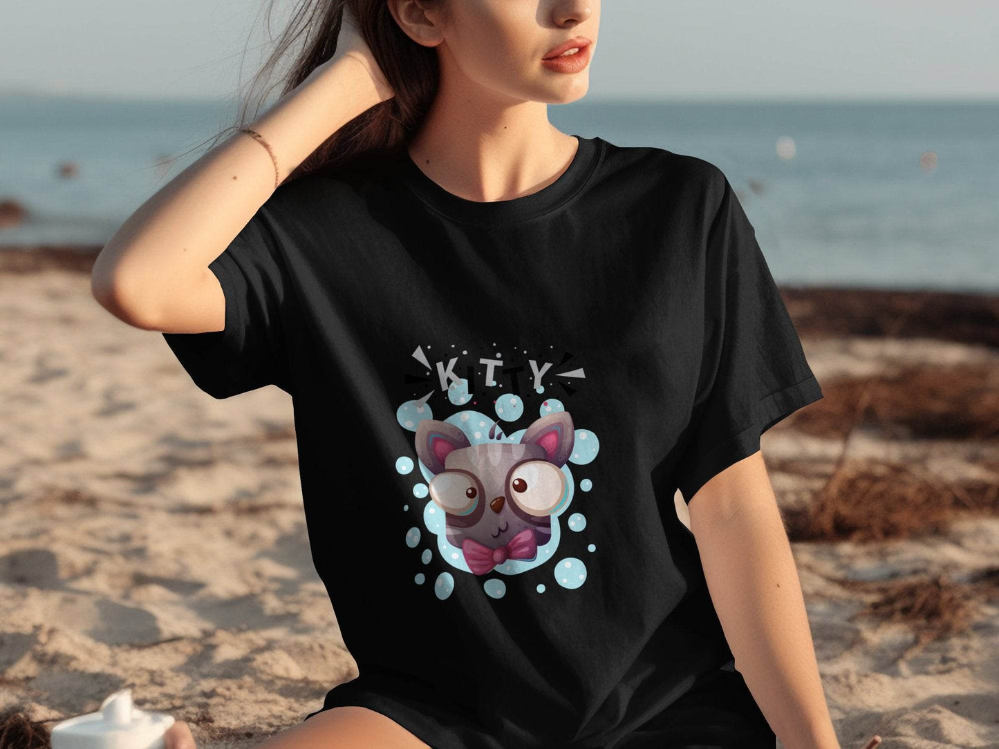 Cute Kitty Design with Large Eyes and Bow Tie T-Shirt - Design & Vybe