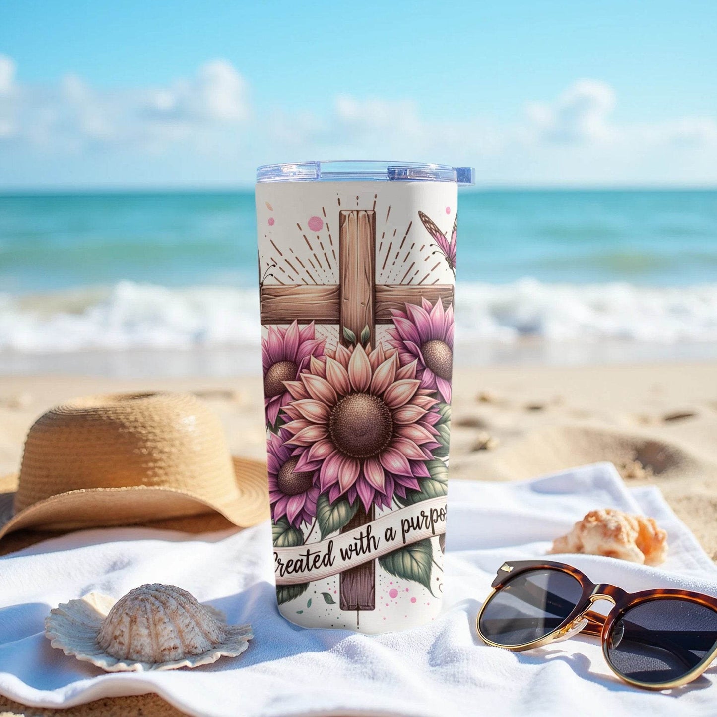 Created With A Purpose Floral Cross Butterflies Design Tumbler - Design & Vybe